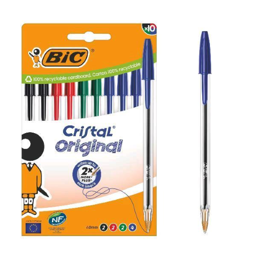 BIC CRISTAL ORIGINAL PENNA A SFERA TRATTO 1 mm INCHIOSTRO COLORI ASSORTITI CONF 10 Pz.
